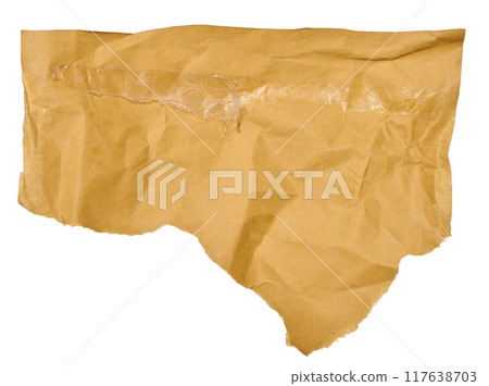 Torn piece of brown paper on a white isolated background, close up 117638703