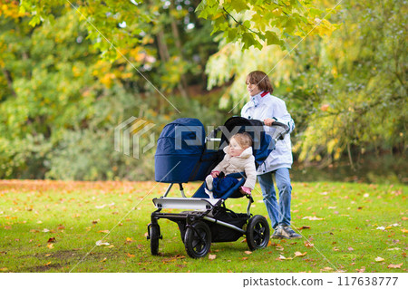 Child in fall park. Kid with autumn leaves. Child in fall park. Kid with autumn leaves. 117638777