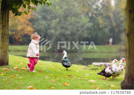 Child in fall park. Kid with autumn leaves. Child in fall park. Kid with autumn leaves. 117638780