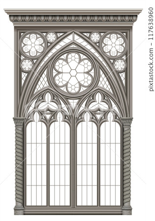 Gothic realistic cathedral window with stained glass Gothic realistic cathedral window with stained glass 117638960