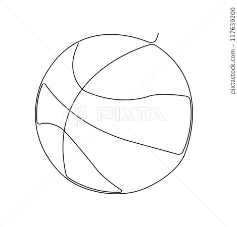 Continuous one line of ball for basketball in silhouette on white background. Linear stylized. Hand drawn linear silhouette icon. Minimal outline design element for print, banner, card, brochure Continuous one line of ball for basketball in silhouette on white background. Linear stylized. Hand drawn linear silhouette icon. Minimal outline design element for print, banner, card, brochure 117639200