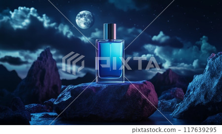 Mystic blue perfume bottle set against night sky 117639295