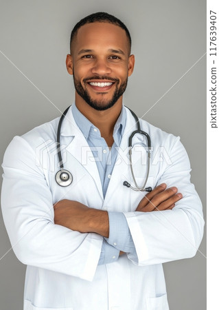 Confident doctor in a white coat smiles warmly in a clinical setting 117639407