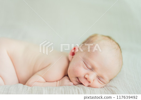 The baby is sleeping peacefully in his cozy nest. Newborn photo session captures the serene innocence and warmth of early moments The baby is sleeping peacefully in his cozy nest. Newborn photo session captures the serene innocence and warmth of early moments 117639492