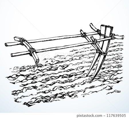 Vector drawing. Old wooden plow 117639505