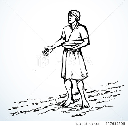 Vector drawing. A man sowing wheat Vector drawing. A man sowing wheat 117639506