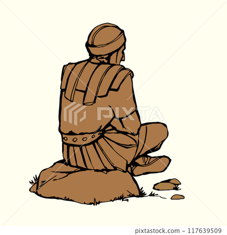 Vector drawing. Old roman Soldier resting on the stone Vector drawing. Old roman Soldier resting on the stone 117639509