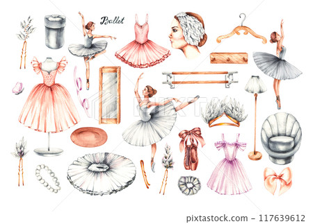 Watercolor ballet set with ballerinas and accessories 117639612