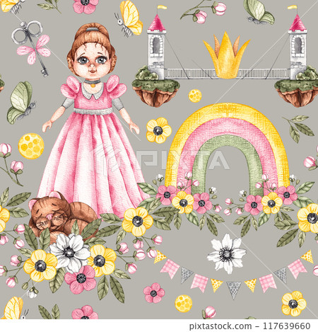 Watercolor seamless pattern with cute princess Watercolor seamless pattern with cute princess 117639660