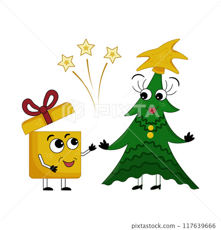 Character cute gift and character Charismatic Christmas tree. Funny hand drawn vector illustration. Cheerful characters celebrate New Year with fireworks. Character cute gift and character Charismatic Christmas tree. Funny hand drawn vector illustration. Cheerful characters celebrate New Year with fireworks. 117639666