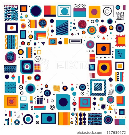 Illustration of square shape frame or border with colorful and geometric abstract patterns art on white background. Empty space for picture or text. Generated AI 117639672