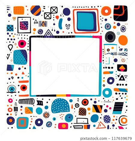 Illustration of square shape frame or border with colorful and geometric abstract patterns art on white background. Empty space for picture or text. Generated AI 117639679