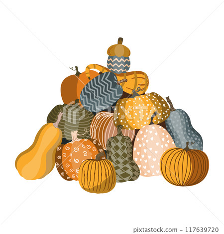 Pile of cute doodle painted pumpkins. Halloween, Autumn, or Thanksgiving day harvest background. Vector illustration 117639720