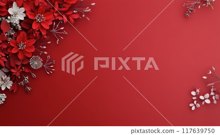 Elegant floral arrangement on a vibrant red backdrop for seasonal decor 117639750