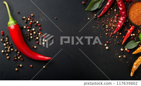 Fresh red chili pepper, garlic, and spices arranged on a black textured surface 117639802
