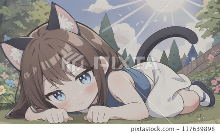 A girl lying down in the garden A girl lying down in the garden 117639898