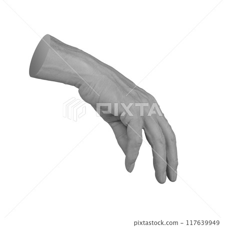 Hand stretching to something down, reaching smth invisible, touching, isolated on white background 117639949