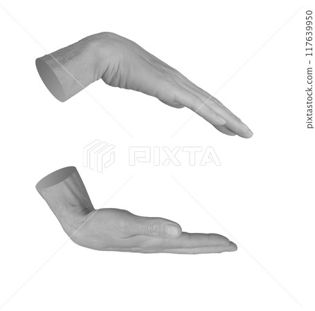 Hand showing something between two hands, palms, care gesture, isolated on white background. Hand showing something between two hands, palms, care gesture, isolated on white background. 117639950