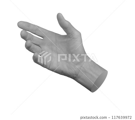Hand gesture for holding or presenting an invisible object or product. outstretched, isolated on 117639972