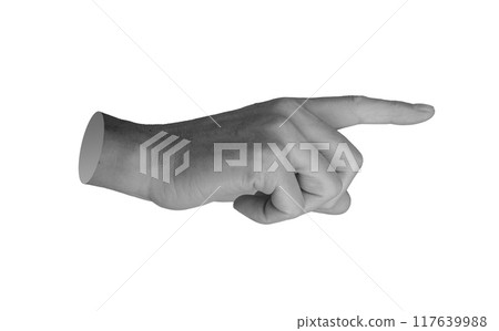 Finger pointing gesture, touching, showing. Index finger, pointer indicating aside, to right side. 117639988