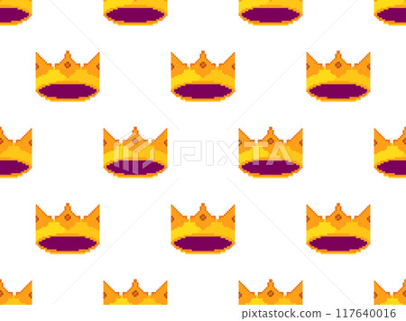 Pixel art crowns seamless pattern. Royal crowns and diadem in 8-bit retro graphic style of the 80s. Medieval royal crowns. Design for mobile applications, banners and posters. Vector illustration Pixel art crowns seamless pattern. Royal crowns and diadem in 8-bit retro graphic style of the 80s. Medieval royal crowns. Design for mobile applications, banners and posters. Vector illustration 117640016