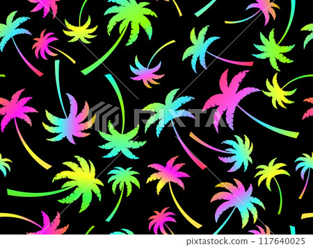 Palm trees seamless pattern. Colorful gradient palm trees. Background with tropical pattern of palm trees. Summer time. Design for wallpapers, banners and promotional items. Vector illustration 117640025