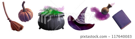 Magic supplies, black cauldron, pumpkin, broom, spell book, potion. A witch's Halloween set. Magic supplies, black cauldron, pumpkin, broom, spell book, potion. A witch's Halloween set. 117640083