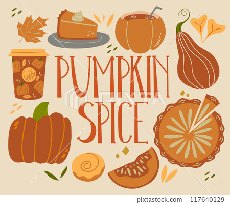 Pumpkin spice. Autumn season drink and food. Fall menu with pumpkin meal. 117640129
