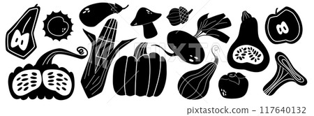 A set of vegetables silhouette. Black and white harvest and food. A set of vegetables silhouette. Black and white harvest and food. 117640132