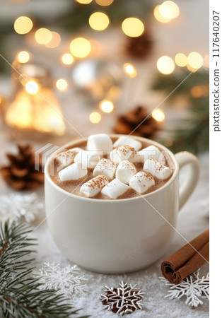 Cozy hot chocolate with marshmallows and cinnamon surrounded by festive decorations 117640207