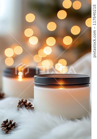 Cozy winter setting with lit candles and pine cones surrounded by soft white fabric 117640218