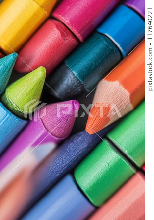 Colorful crayons arranged in a vibrant display for arts and crafts Colorful crayons arranged in a vibrant display for arts and crafts 117640221
