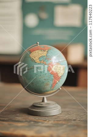 Vintage globe resting on a wooden table in a classroom setting 117640223