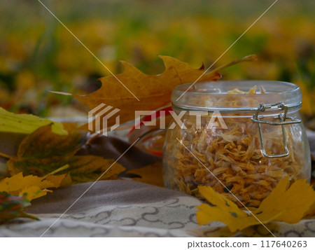 Design autumn outdoors still life flatlay. Autumn Halloween picnic concept. Dried flowers in a jar and fallen yellow leaves on a blanket on the grass. Warm sunny autumn day Design autumn outdoors still life flatlay. Autumn Halloween picnic concept. Dried flowers in a jar and fallen yellow leaves on a blanket on the grass. Warm sunny autumn day 117640263