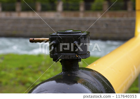 Gas pipeline oil industry. Yellow gas pipe power technology. Fuel energy equipment. Gas industry, oil transport system 117640353