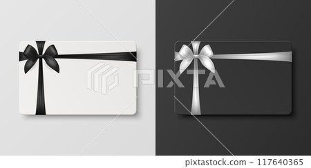 Vector 3D Realistic Blank Gift Card and Gift Certificate Template with Silk White and Black Ribbon and Satin Bow. Greeting or Sale Card, Isolated. Birthday, Christmas, Party Gifts, Invitation Concept 117640365