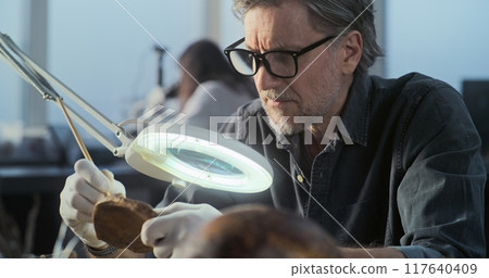 Male archaeologist cleans fossil remains with brush, examines bones of prehistoric human 117640409