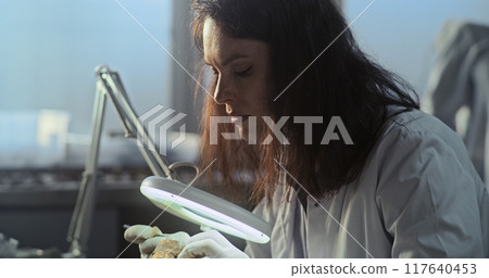 Female scientist works with fossil remains in archaeological lab 117640453