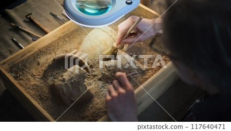 Close up of archaeologist cleaning cultural heritage under lamp, using brush 117640471