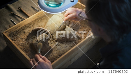 Close up of archaeologist cleaning cultural heritage under lamp, using brush 117640502
