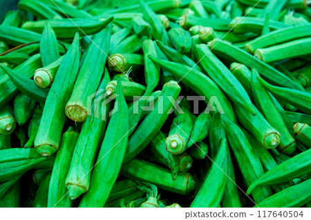 An assortment of fresh okras or ladyfingers in an Asian supermarket. An assortment of fresh okras or ladyfingers in an Asian supermarket. 117640504
