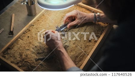 Archaeologist takes measurements of dinosaur remains with colleague 117640526