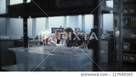 Two archaeologists studies fossil skull under lamp and have discussion Two archaeologists studies fossil skull under lamp and have discussion 117640565