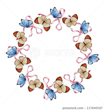 Butterfly and bow tie wreath border watercolor illustration 117640587
