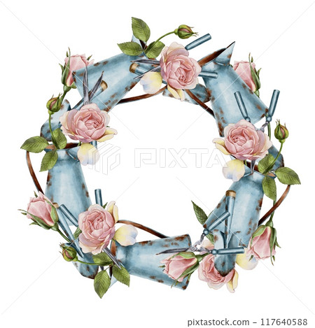 Garden tools and roses wreath border watercolor illustration 117640588