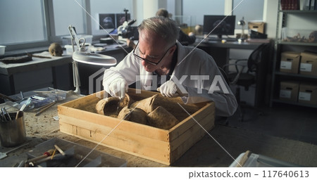 Senior archaeologist cleans cultural heritage of extinct civilization using tools and brush 117640613