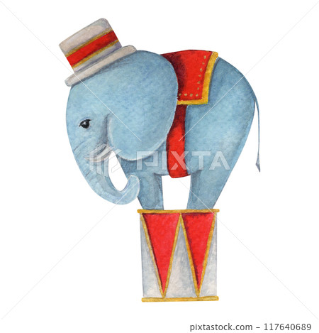 Watercolor illustration with blue elephant in hat on drum. Hand-drawn illusrtation 117640689