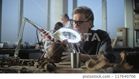 Mature archaeologist cleans fossil remains using professional tool 117640706