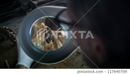 Mature archaeologist cleans skull of ancient prehistoric human with tools 117640709