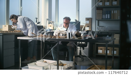 Senior archaeologist examines bones in archaeological laboratory Senior archaeologist examines bones in archaeological laboratory 117640712